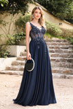 A-Line Spaghetti Sleeveless V-Neck Lace Applique Floor-Length Prom Dress