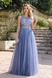 Long A-Line Sleeveless Open Back Tulle Lace Applique Prom Dresses