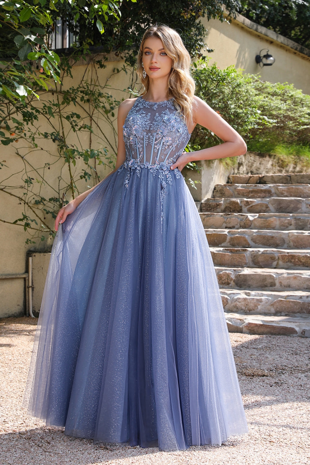 Long A-Line Sleeveless Open Back Tulle Lace Applique Prom Dresses