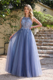 Long A-Line Sleeveless Open Back Tulle Lace Applique Prom Dresses