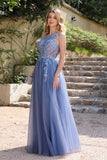 Long A-Line Sleeveless Open Back Tulle Lace Applique Prom Dresses