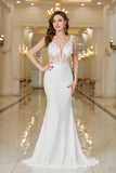 Mermaid V-Neck Sleeveless Backless Applique Wedding Dresses with Sweep Train