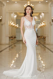 Mermaid V-Neck Sleeveless Backless Applique Wedding Dresses with Sweep Train