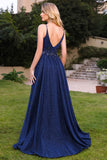 Floor Length A-Line V-Neck Spaghetti Sleeveless Backless Prom Dresses