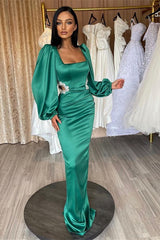 Gorgeous Green Long Evening Dress Prom Dress Long Sleeves Square Hollowing Out with Rhinestone