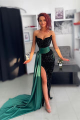 Green Off-the-Shoulder Evening Dress with Belt and Sequin