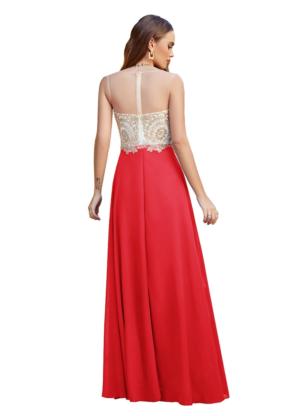 Long A-line Scoop Chiffon Appliques Floor-Length Bridesmaid Dresses