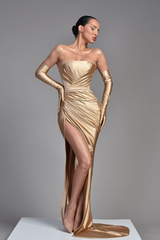 Champagne Half Sleeves Off-the-Shoulder Evening Dress with Pleated Slit