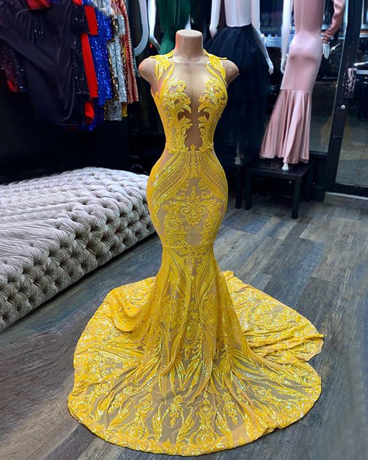 Sleeveless Yellow Sequins Mermaid Prom Dress