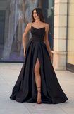 Elegant Black Sleeveless Strapless Prom Dress with Slit for Christmas Sale