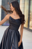 Elegant Black Sleeveless Strapless Prom Dress with Slit for Christmas Sale