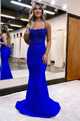 Elegant Appliques Spaghetti Strap Mermaid Evening Dress with Beadings