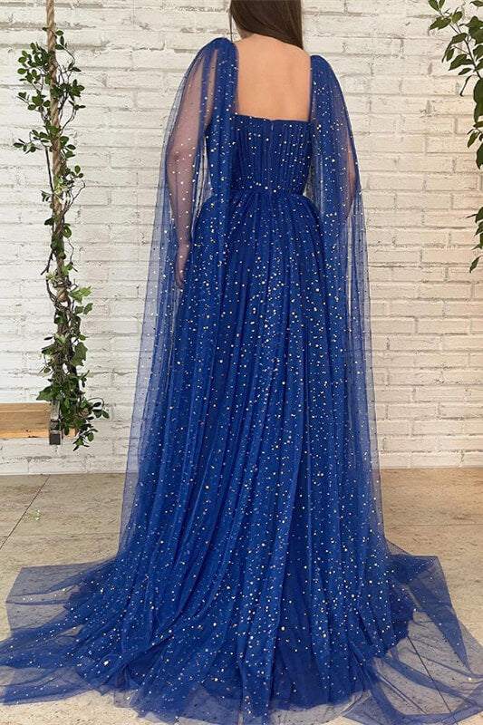 Chic Royal Blue Long Evening Dress with Ruffles, Beads, and Tulle