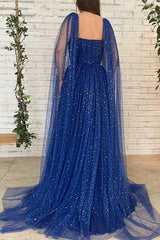 Chic Royal Blue Long Evening Dress with Ruffles, Beads, and Tulle