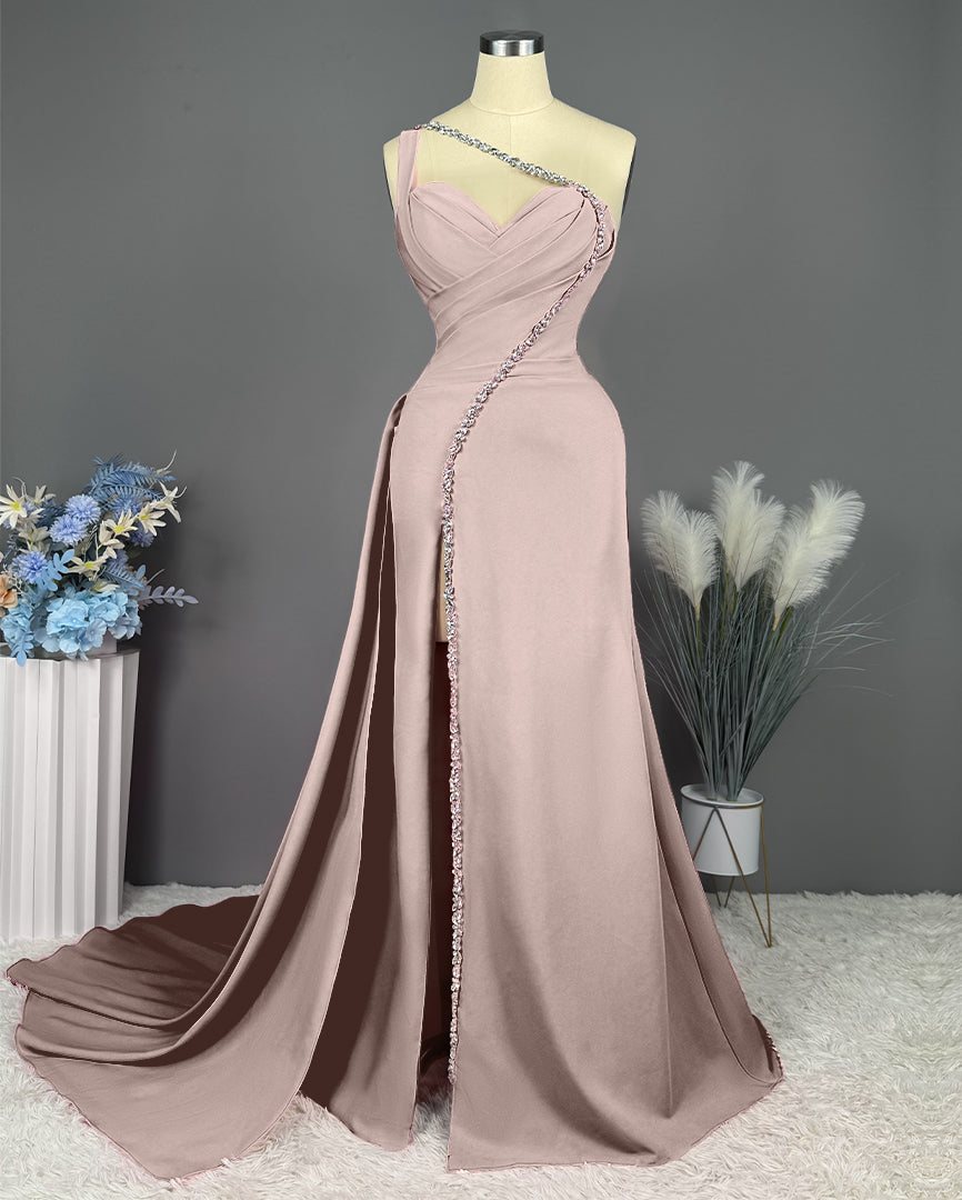 Fuchsia One Shoulder Evening Dress with Slit and Beaded Pleats