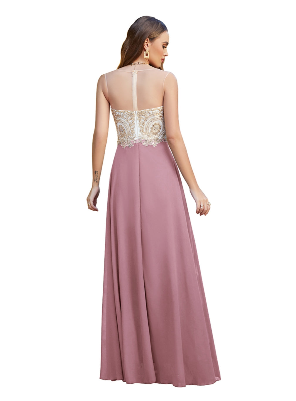 Long A-line Scoop Chiffon Appliques Floor-Length Bridesmaid Dresses