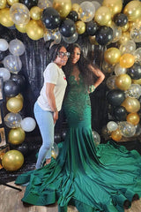 Emerald Green Mermaid Evening Dress with Appliques and Rhinestone