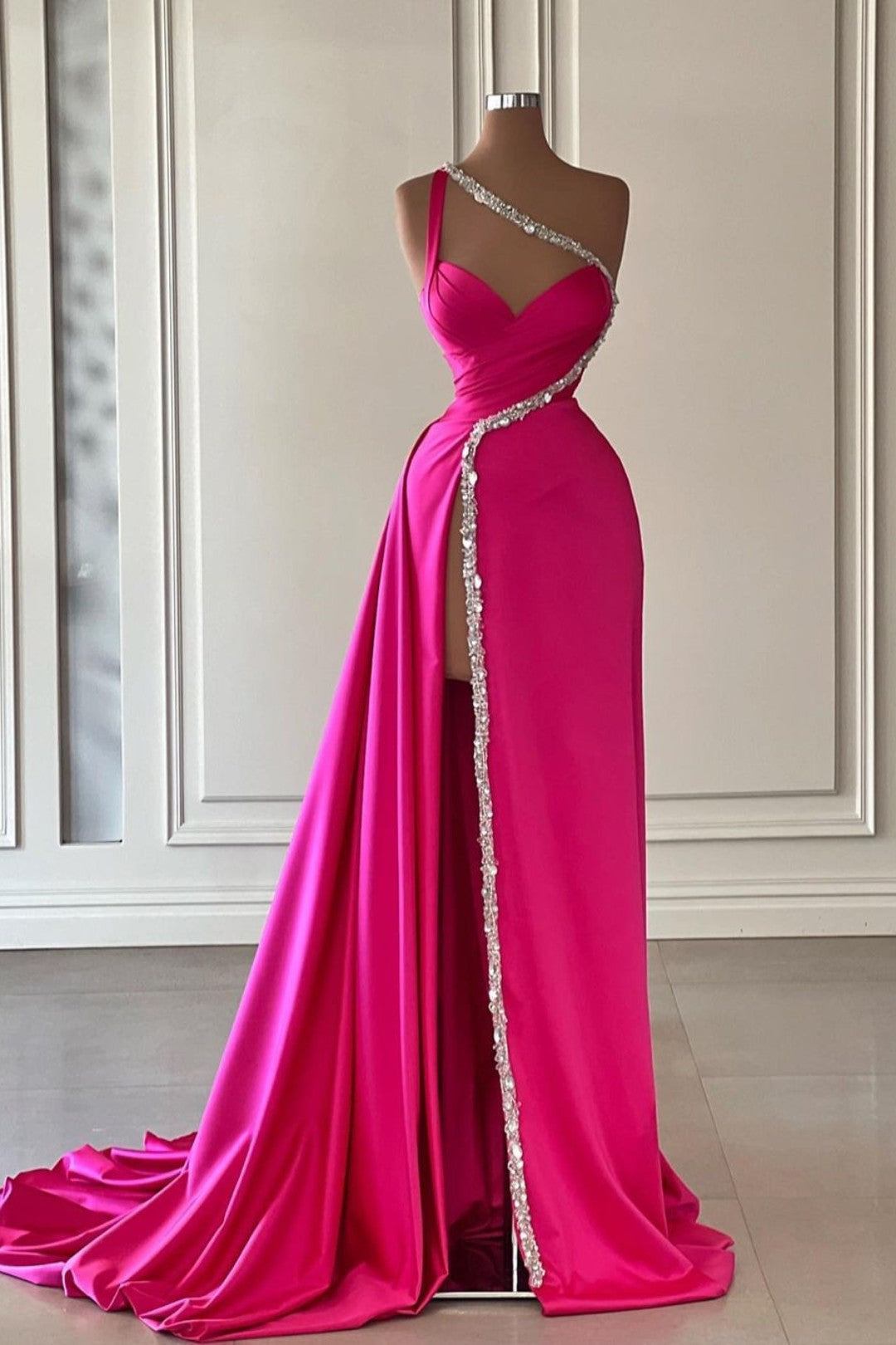 Fuchsia One Shoulder Evening Dress with Slit and Beaded Pleats