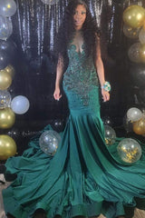 Emerald Green Mermaid Evening Dress with Appliques and Rhinestone