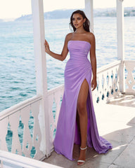 Charming Purple Long Evening Dress Prom Dress Strapless Sleeveless Slit Pleated