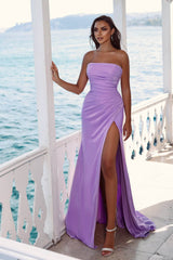 Charming Purple Long Evening Dress Prom Dress Strapless Sleeveless Slit Pleated