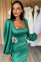 Gorgeous Green Long Evening Dress Prom Dress Long Sleeves Square Hollowing Out with Rhinestone