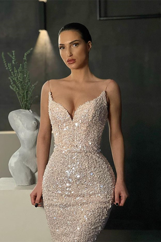 Sequins Long Mermaid Evening Dress with Spaghetti Straps