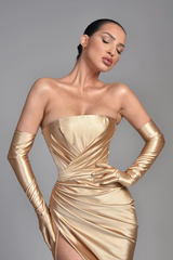 Champagne Half Sleeves Off-the-Shoulder Evening Dress with Pleated Slit