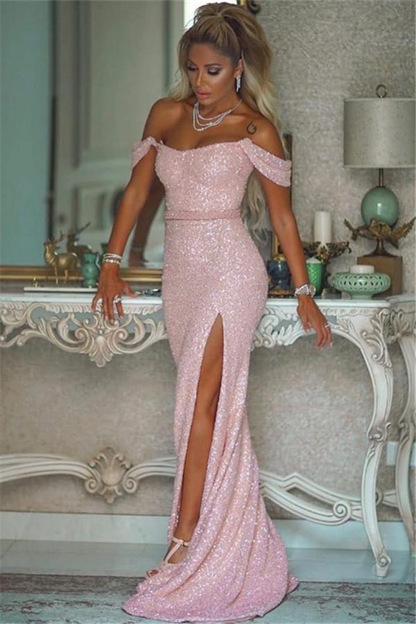 Pink Sequin Mermaid Evening Dress with Split