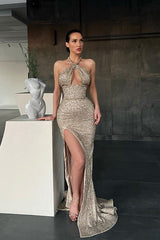 Halter Sleeveless Mermaid Evening Dress Long with Sequins and Split