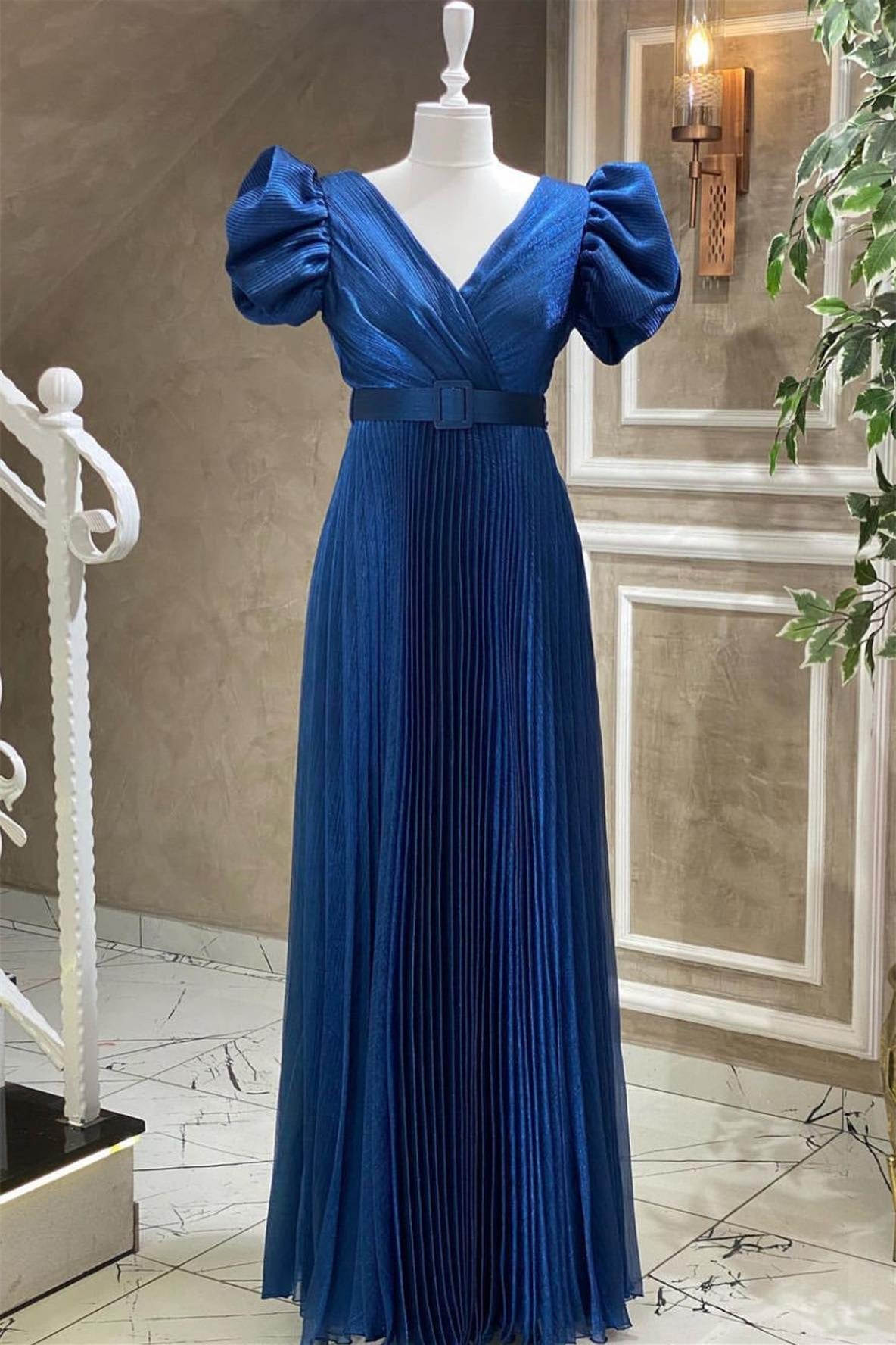 Royal Blue V-Neck Evening Dress with Short Sleeves and Belt Online