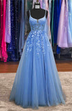 A-line Bateau Sleeveless Tulle Long Prom Dress with Appliqued-27dress