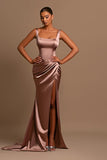 Simple A-Line Square Neckline Satin Long Front Slit Prom Dress with Ruffles