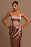 Simple A-Line Square Neckline Satin Long Front Slit Prom Dress with Ruffles