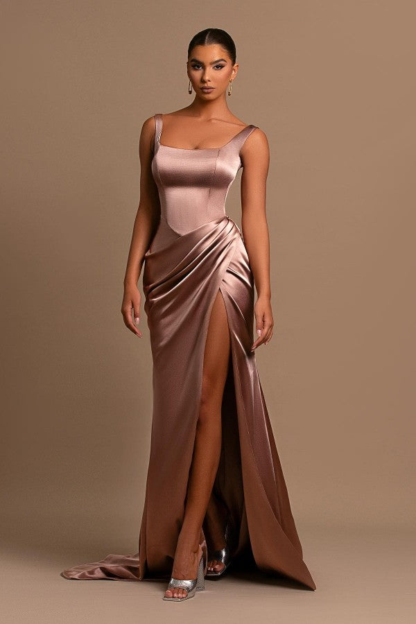 Simple A-Line Square Neckline Satin Long Front Slit Prom Dress with Ruffles