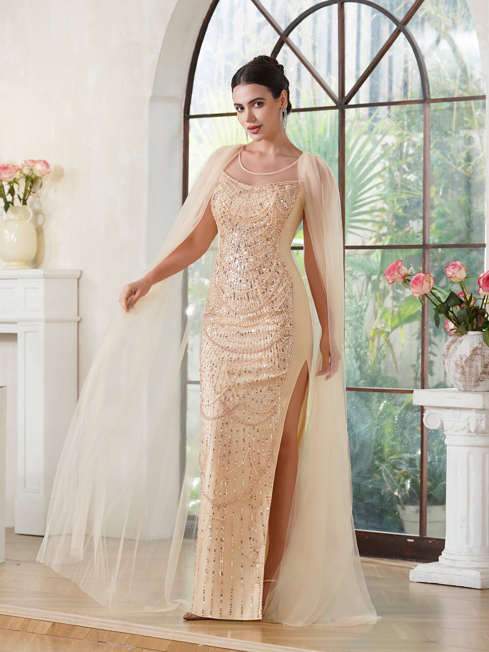 Sheath Sleeveless Side Slit Sequins Prom Dresses with Tulle Watteau Train