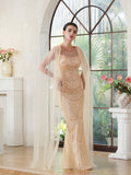 Sheath Sleeveless Side Slit Sequins Prom Dresses with Tulle Watteau Train