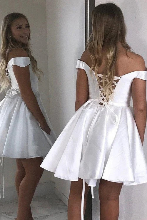 A-Line Off The Shoulder Lace-up Short Cascade Ruffle Prom Dresses