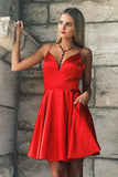 A-Line V-Neck Backless Spaghetti Short Prom Dresses with Pocket