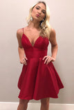 A-Line V-Neck Backless Spaghetti Short Prom Dresses with Pocket