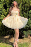 A-Line Tulle Strapless Sleeveless Spaghetti Short Homecoming Dresses