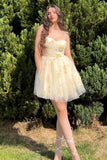 A-Line Tulle Strapless Sleeveless Spaghetti Short Homecoming Dresses