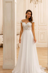 Elegant A Line Tulle Sleeveless Off The Shoulder Wedding Dresses with Tulle Sweep Train