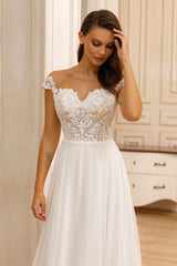 Elegant A Line Tulle Sleeveless Off The Shoulder Wedding Dresses with Tulle Sweep Train