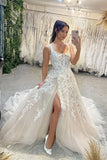 Mermaid Bateau Tulle Lace Long Open Back Wedding Dresses With Split