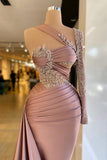 Elegant Sheath One Sleeve One Shoulder Applique Prom Dresses with Court Train