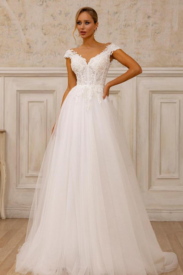 Elegant A-Line V-Neck Sleeveless Applique Tulle Floor-Length Wedding Dresses