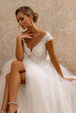 Elegant A-Line V-Neck Sleeveless Applique Tulle Floor-Length Wedding Dresses