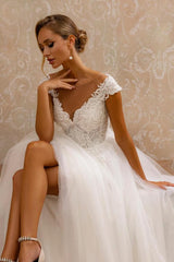 Elegant A-Line V-Neck Sleeveless Applique Tulle Floor-Length Wedding Dresses