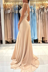 Elegant A-Line Sweetheart Chiffon Long Appliques Lace Prom Dress with Slit